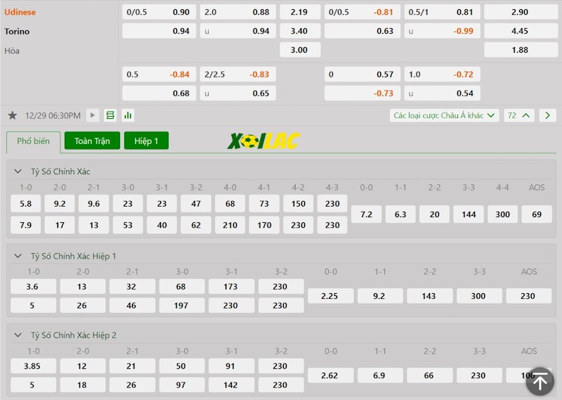 Soi kèo Udinese vs Torino 29/12/2024 – Tỷ lệ kèo